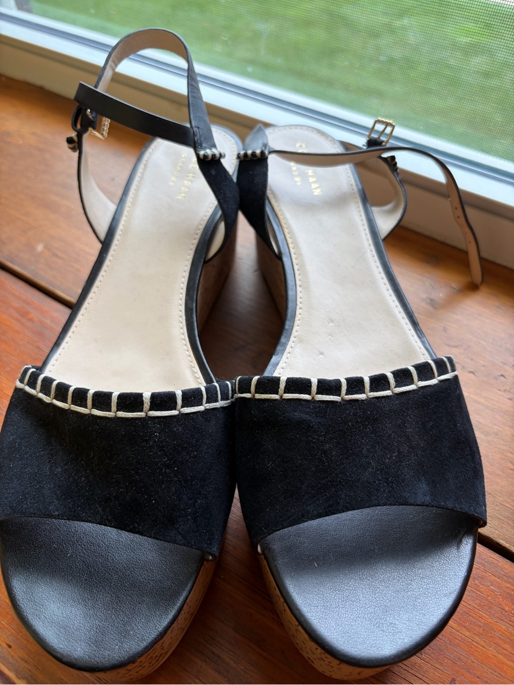 Cole Haan Black Suede Platform Sandals with Cream Stitch Trim